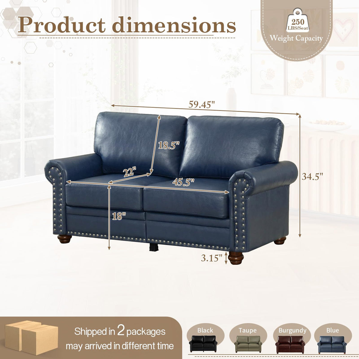 Navy Blue Faux Leather 2 Seater Sofa with Nailhead Trim G54167