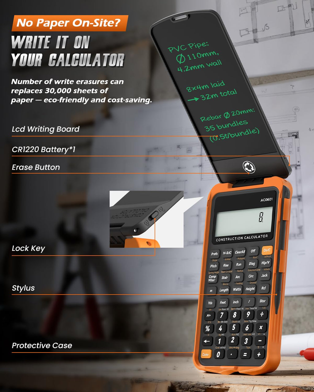 Construction Calculator with Writing Tablet P99343