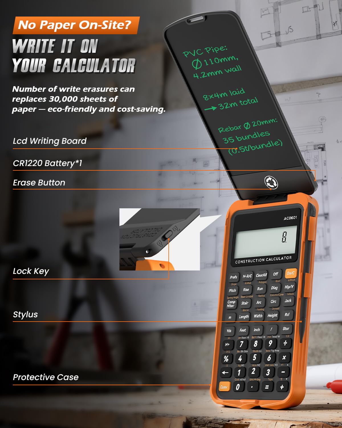 Construction Calculator with Writing Tablet P99343