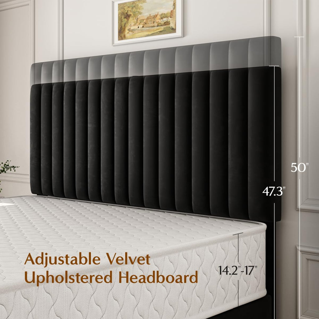 Queen Size Velvet Upholstered Platform Bed Frame with Adjustable Headboard L802947