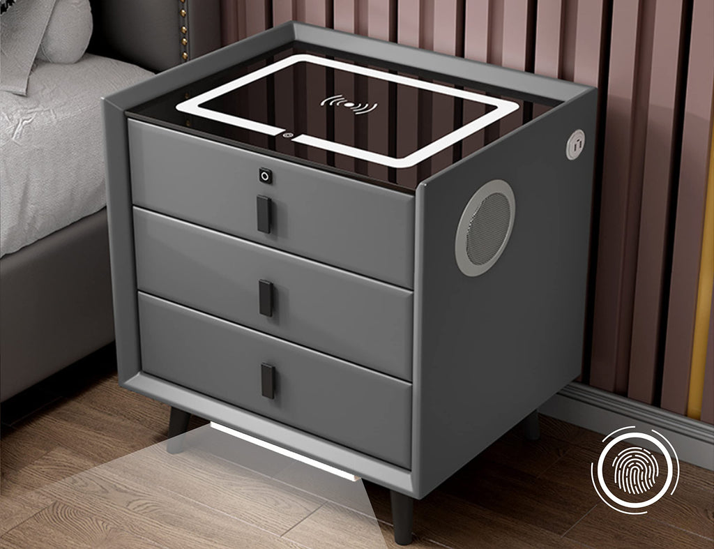 Grey Three Drawers Nightstand with Fingerprint Lock and Wireless Charging U35795
