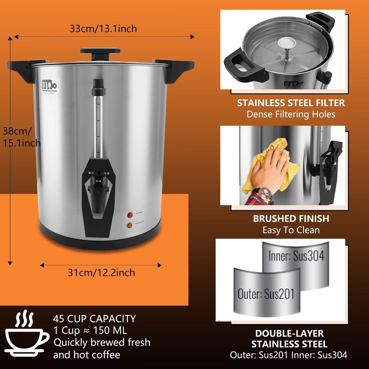 45 Cup 8L Commercial Coffee Urn 950W Hot Beverage Dispenser with Double Faucet F42583