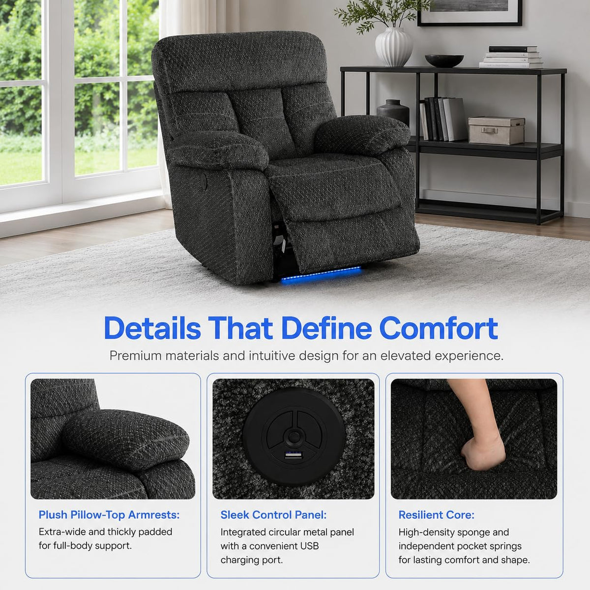 Gray Wool 3 Piece Power Reclining Sofa Set with USB Ports and LED Lights S3277