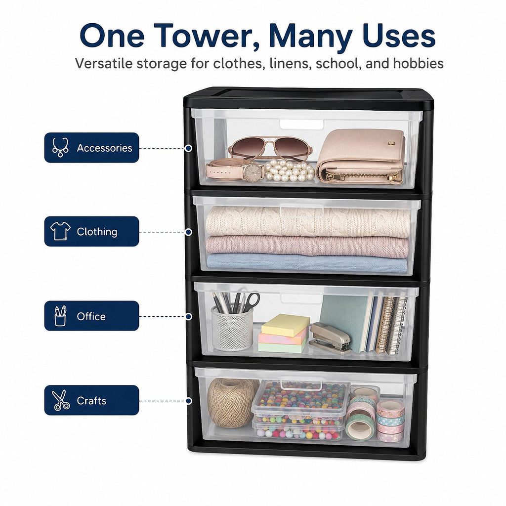 4 Drawer Black Plastic Storage Tower J50777