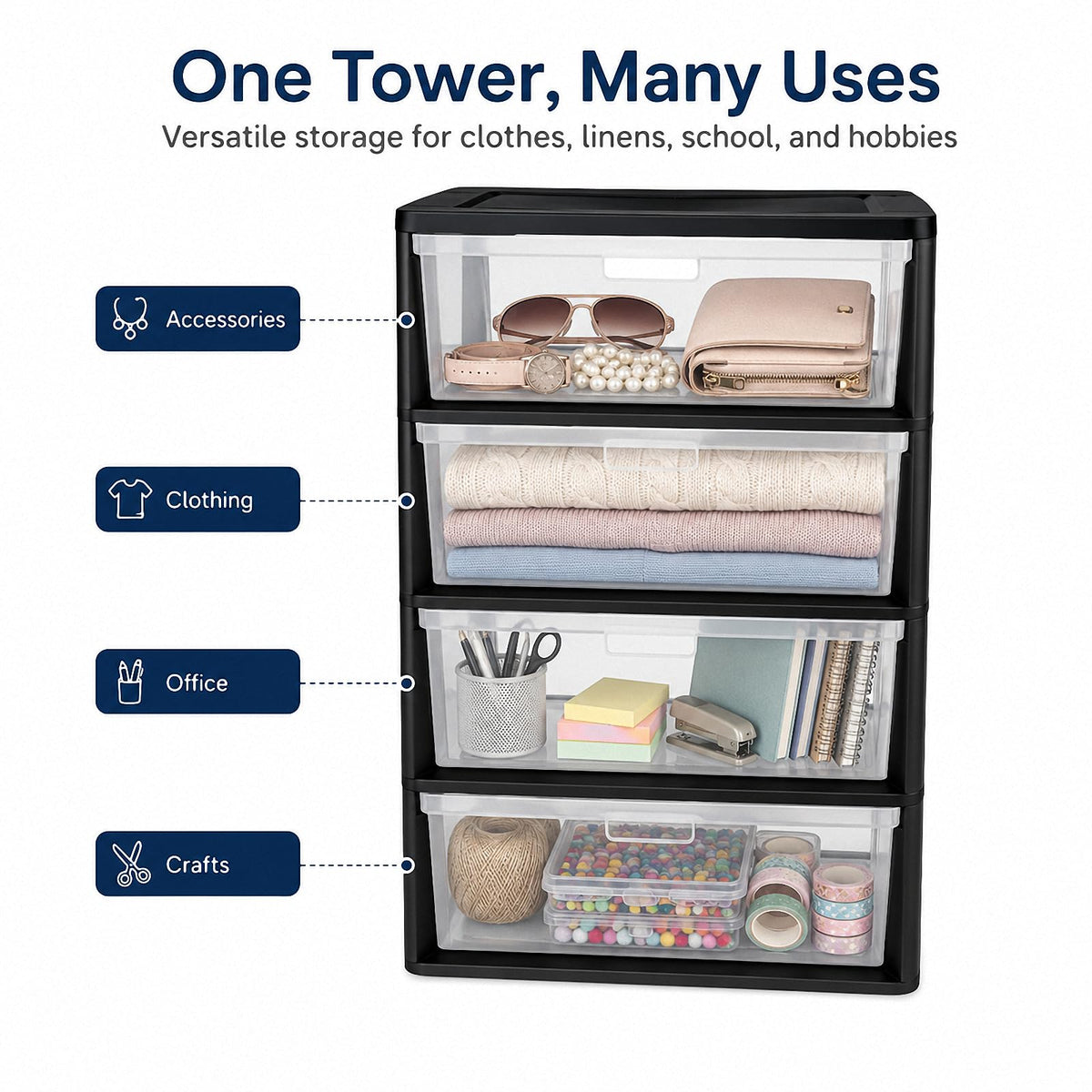 4 Drawer Black Plastic Storage Tower J50777