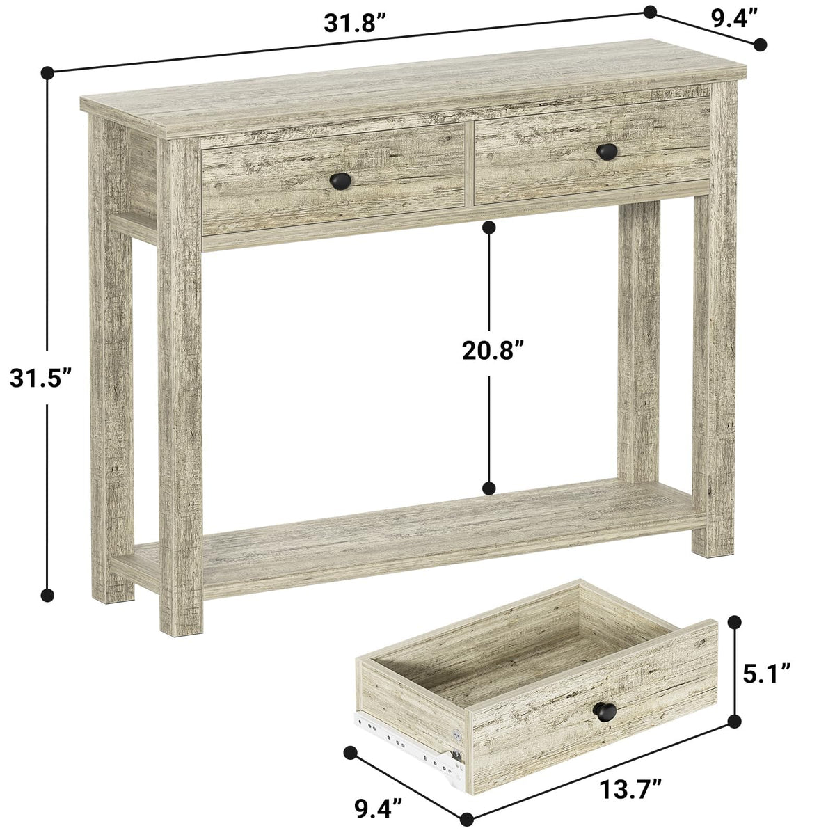 32 Inch Light Rustic Oak Console Table with 2 Drawers Q939