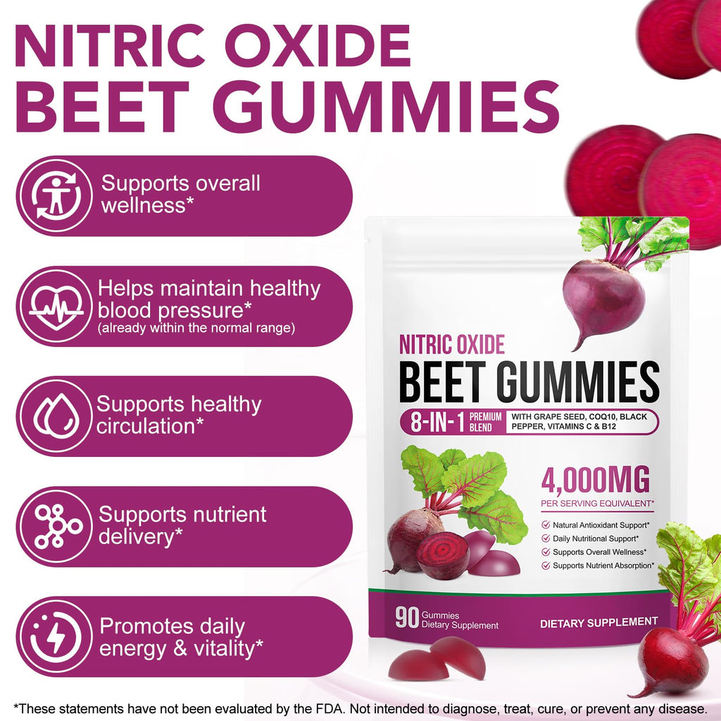 Beetroot Gummies 90 Gummies Beetroot Extract Supplement with COQ10 Vitamin C B12 Grape Seed Extract H72678