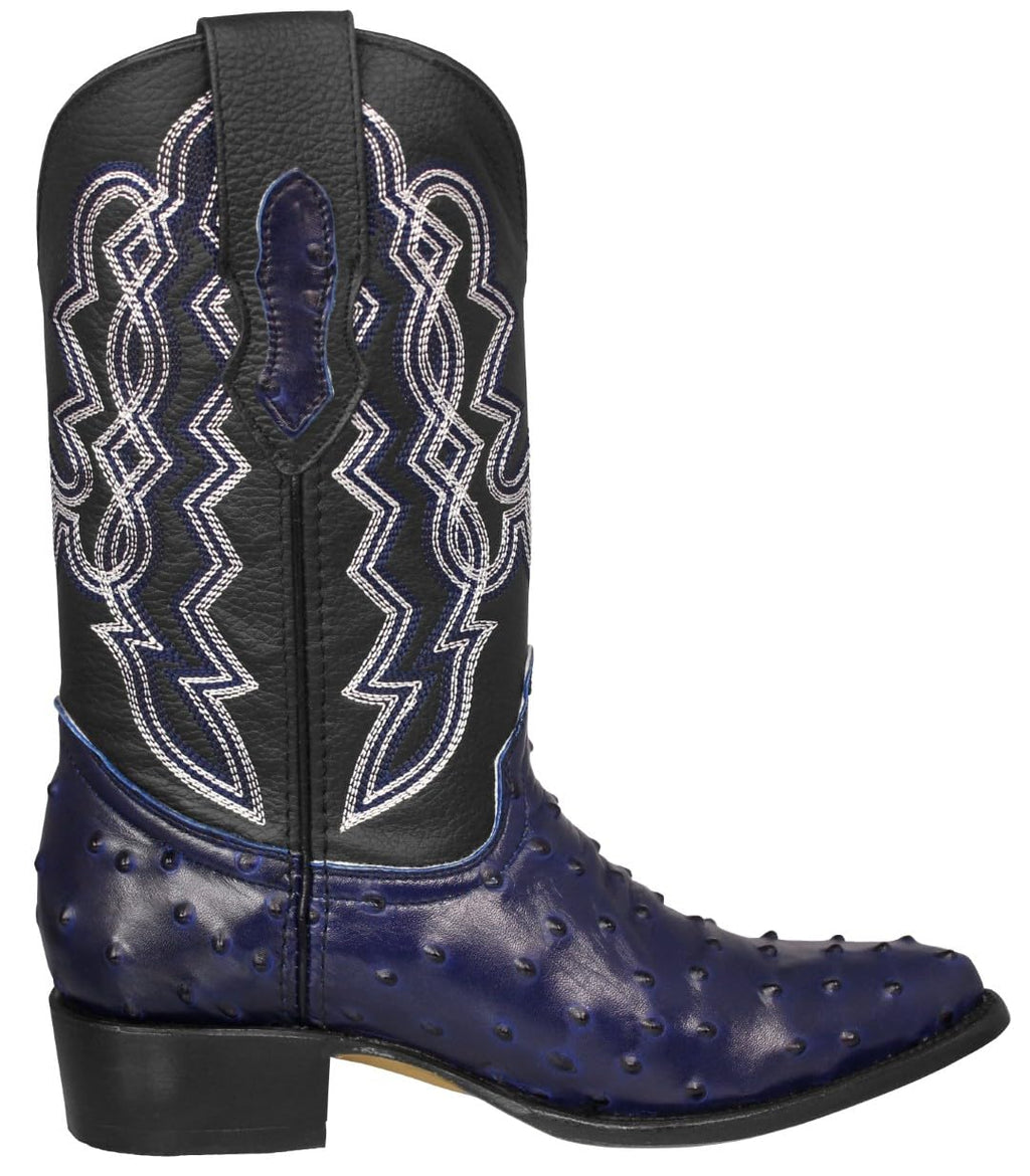 Blue Ostrich Quill Print Leather Western Cowboy Boots U800
