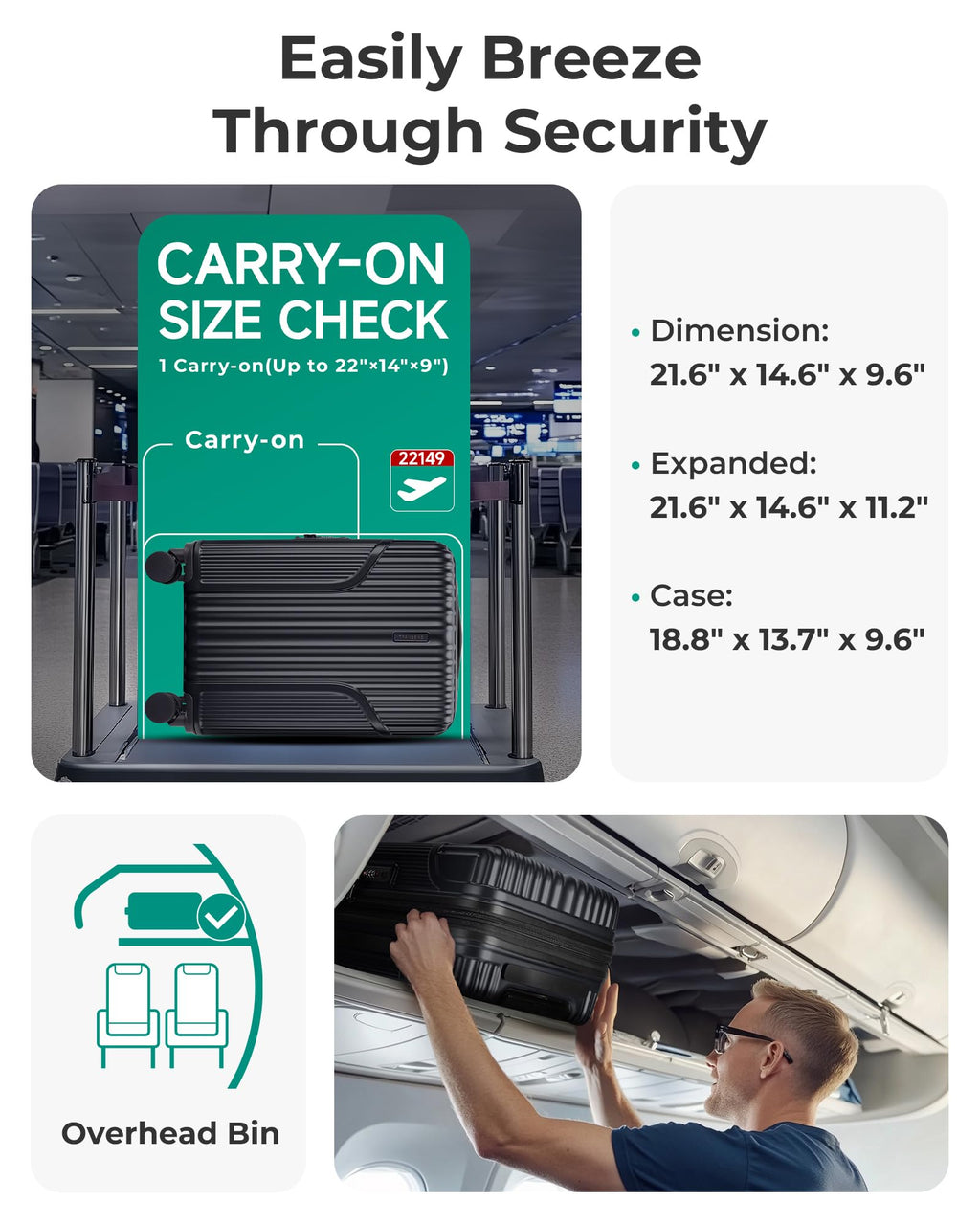 Carry On Luggage with Wheels, Black T192740