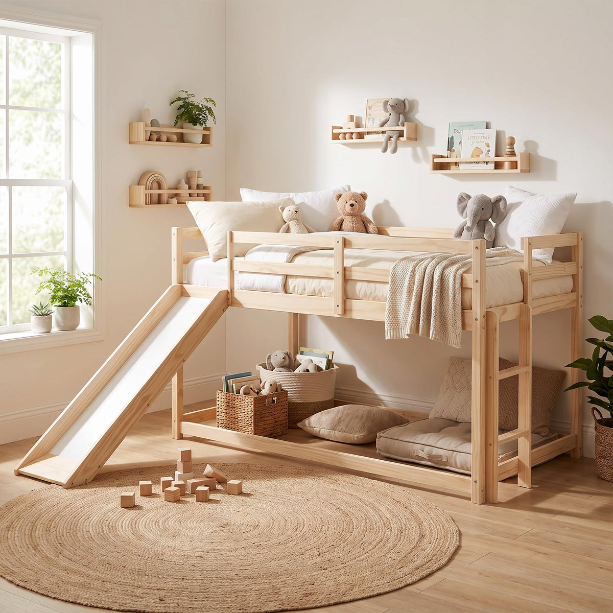 Twin Over Twin Solid Wood Bunk Bed with Slide and Ladder I79467