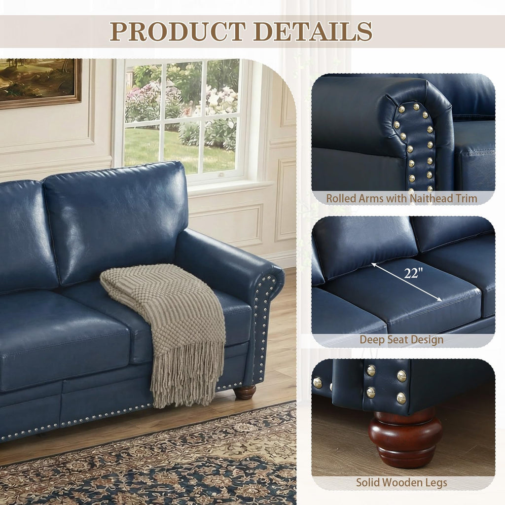 Navy Blue Faux Leather 2 Seater Sofa with Nailhead Trim G54167