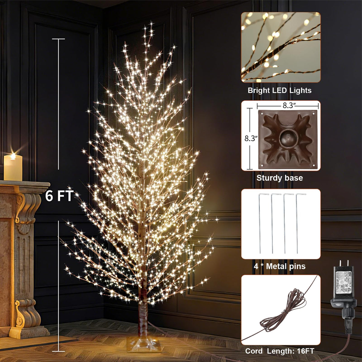 6FT Brown Lighted Birch Tree 1300LEDs Warm White Lights S211