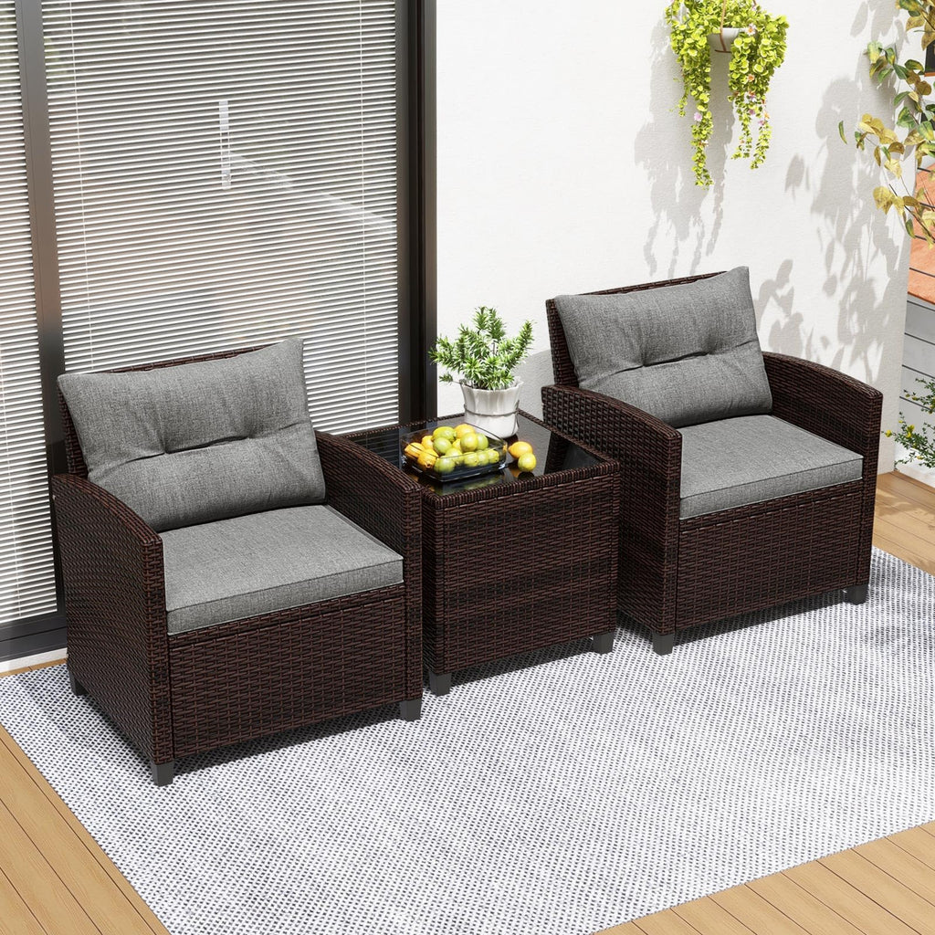3 Pieces PE Rattan Wicker Outdoor Sofa Set with Cushion and Tempered Glass Tabletop U4938