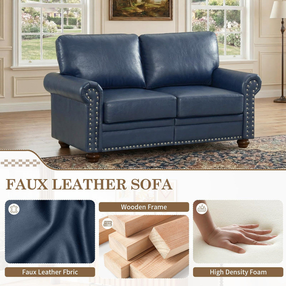 Navy Blue Faux Leather 2 Seater Sofa with Nailhead Trim G54167