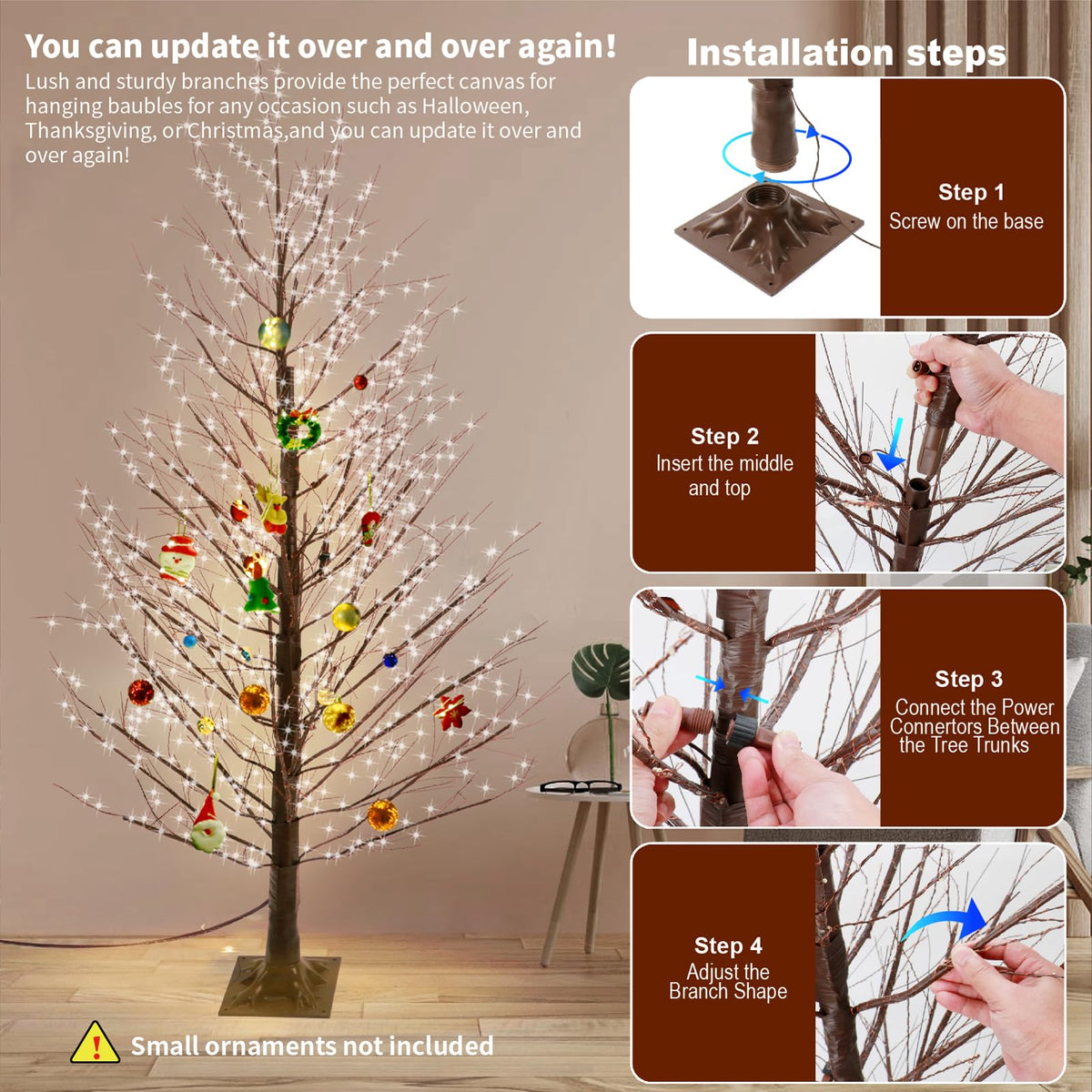 6FT Brown Lighted Birch Tree 1300LEDs Warm White Lights S211