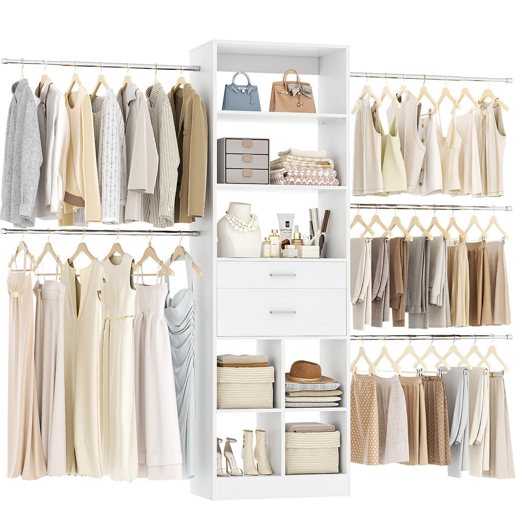 4-8 FT White Closet Organizer with 2 Drawers and 5 Hanging Rods C950486