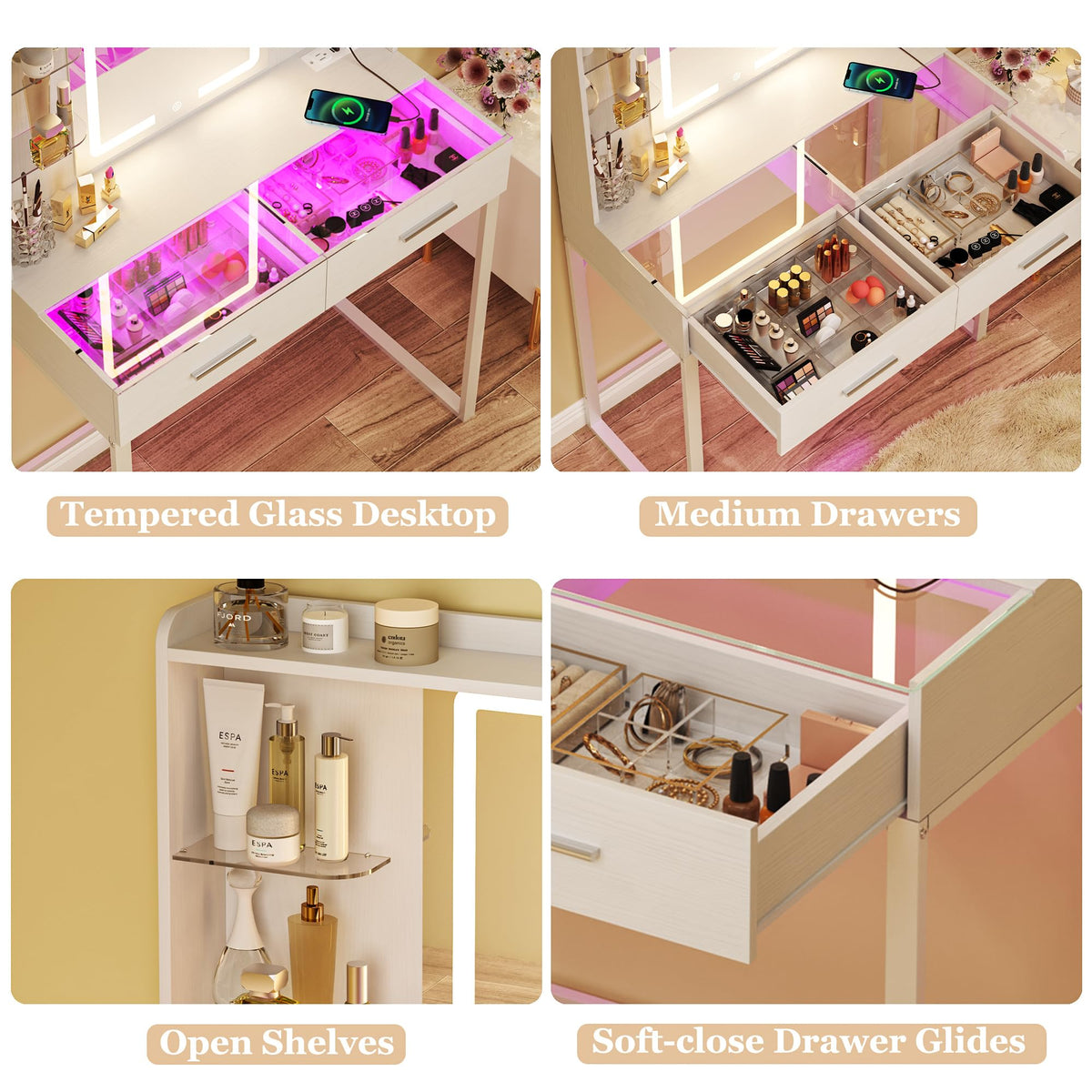 White Vanity Desk with Mirror and LED Lights S492919