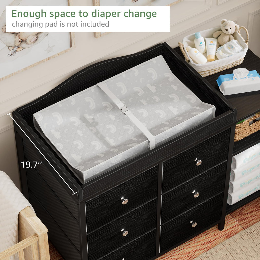 Black 6 Drawer Baby Dresser with Changing Table Top L624