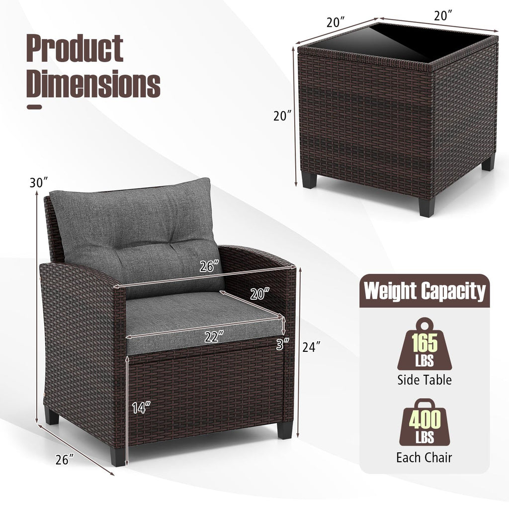 3 Pieces PE Rattan Wicker Outdoor Sofa Set with Cushion and Tempered Glass Tabletop U4938