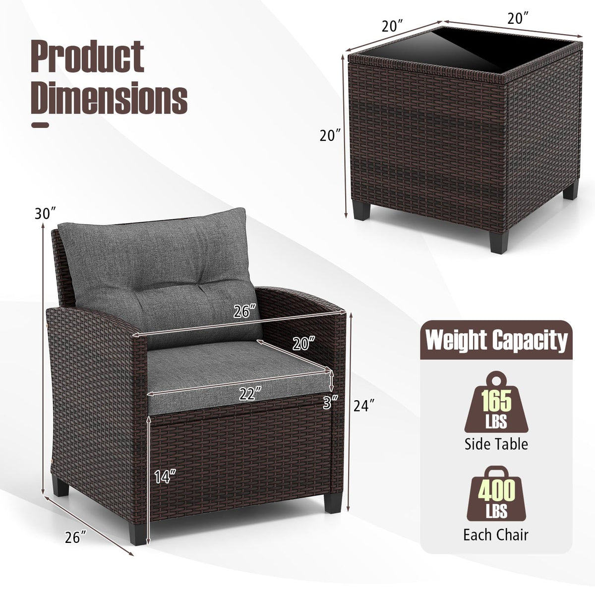 3 Pieces PE Rattan Wicker Outdoor Sofa Set with Cushion and Tempered Glass Tabletop U4938