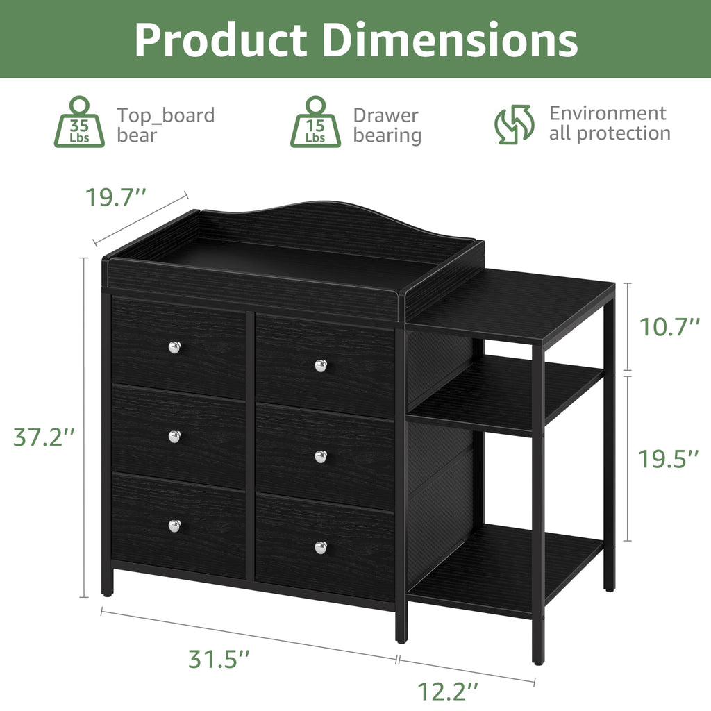 Black 6 Drawer Baby Dresser with Changing Table Top L624