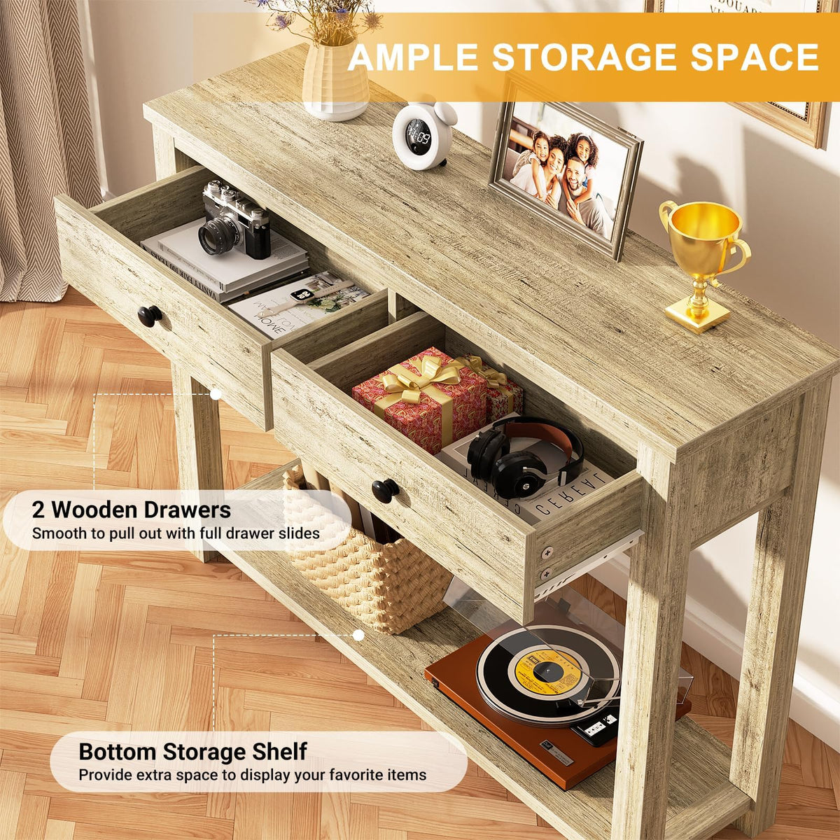 32 Inch Light Rustic Oak Console Table with 2 Drawers Q939
