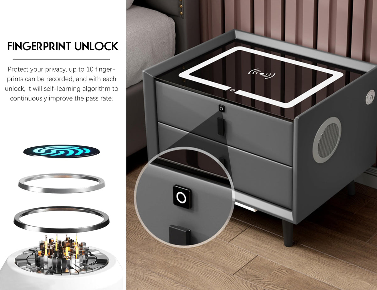 Grey Three Drawers Nightstand with Fingerprint Lock and Wireless Charging U35795