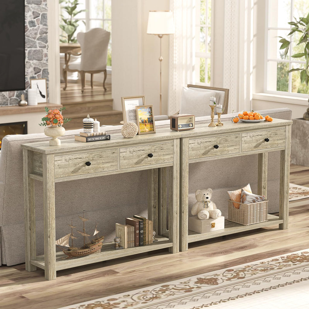 32 Inch Light Rustic Oak Console Table with 2 Drawers Q939