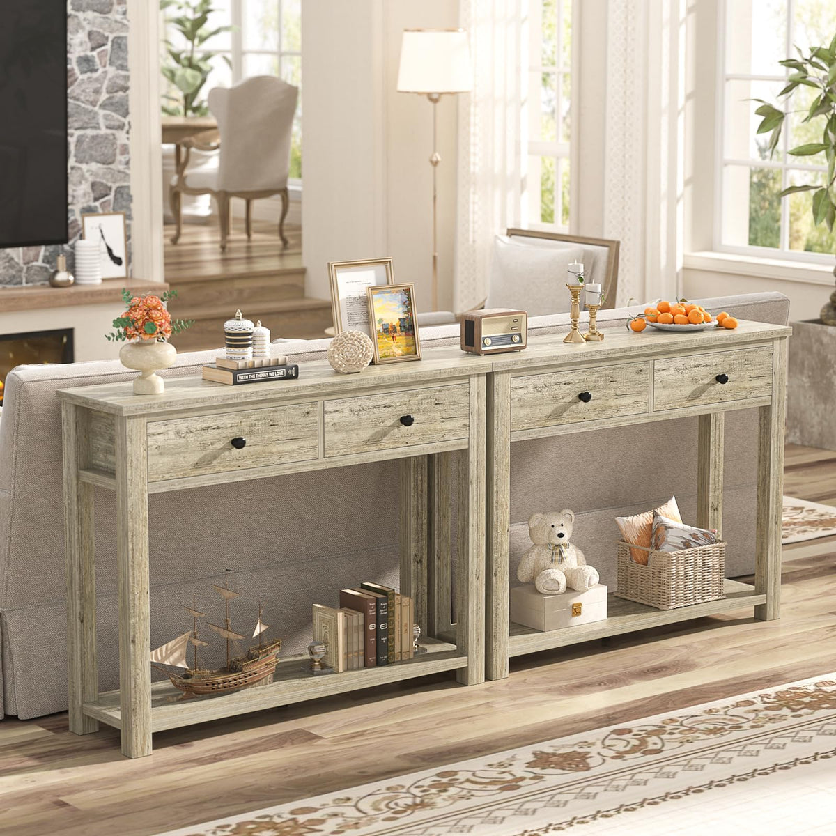 32 Inch Light Rustic Oak Console Table with 2 Drawers Q939