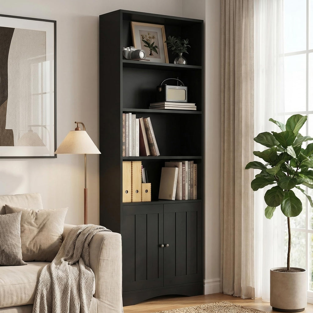 71''H 6-Shelf Black Bookcase with Doors X418917