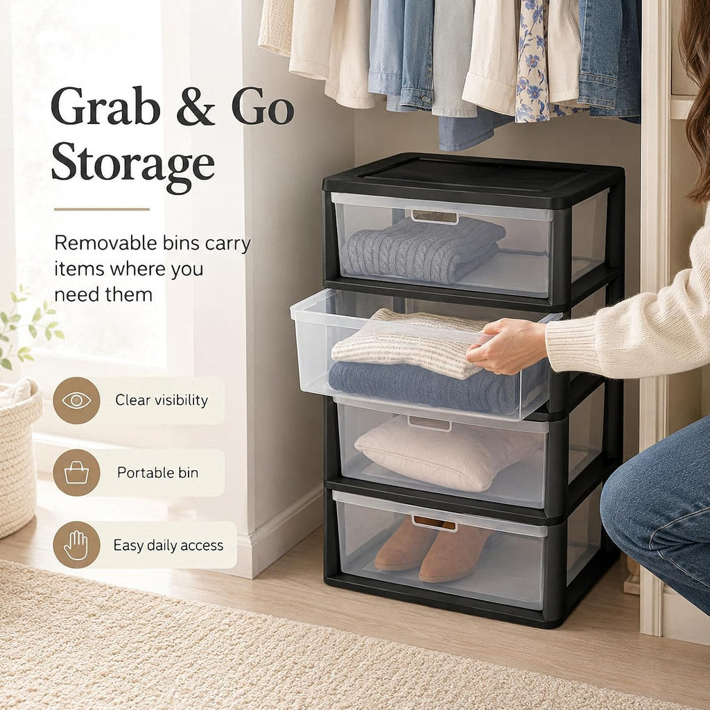 4 Drawer Black Plastic Storage Tower J50777