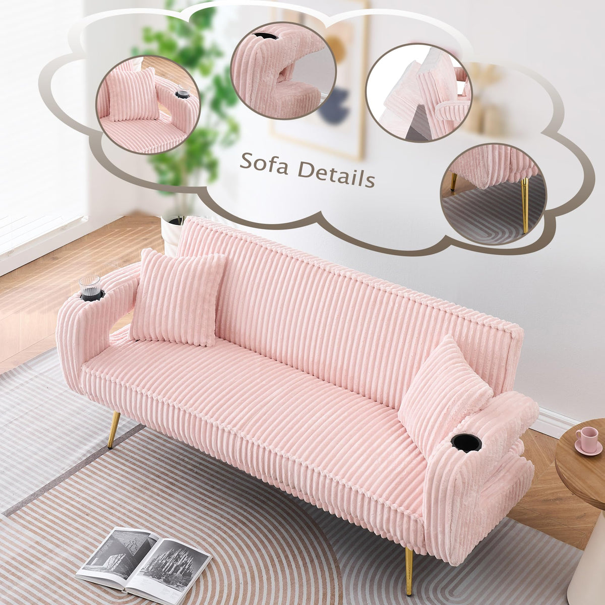 Pink Teddy Fabric Convertible Futon Sofa Bed D503563