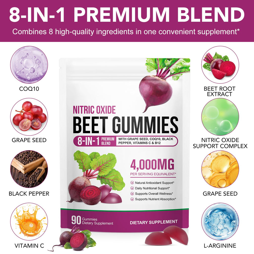 Beetroot Gummies 90 Gummies Beetroot Extract Supplement with COQ10 Vitamin C B12 Grape Seed Extract H72678