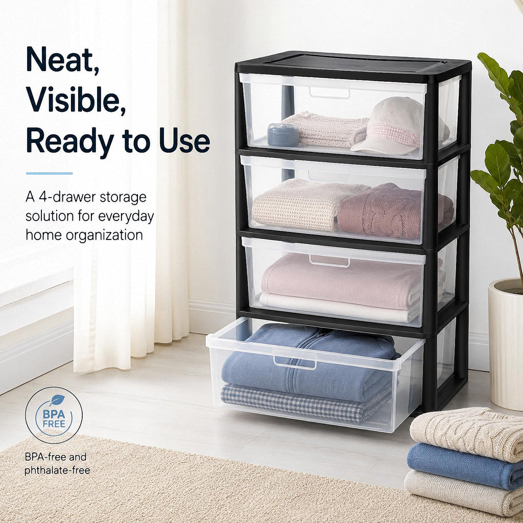 4 Drawer Black Plastic Storage Tower J50777