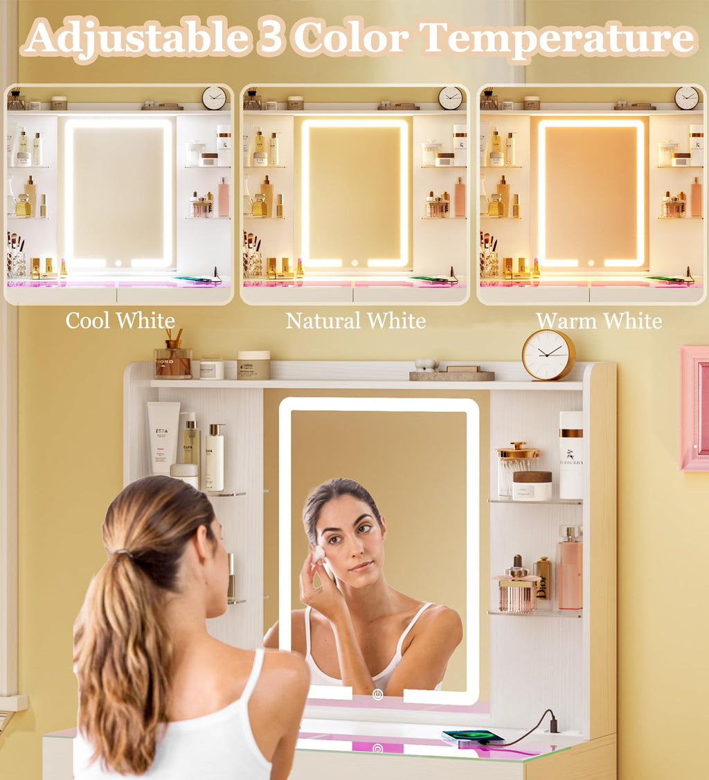 White Vanity Desk with Mirror and LED Lights S492919