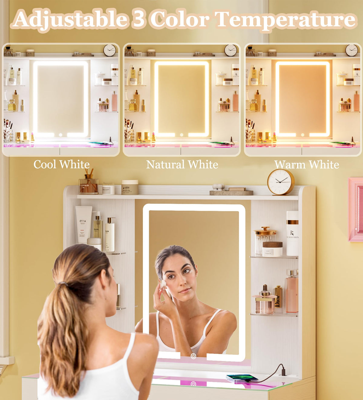 White Vanity Desk with Mirror and LED Lights S492919