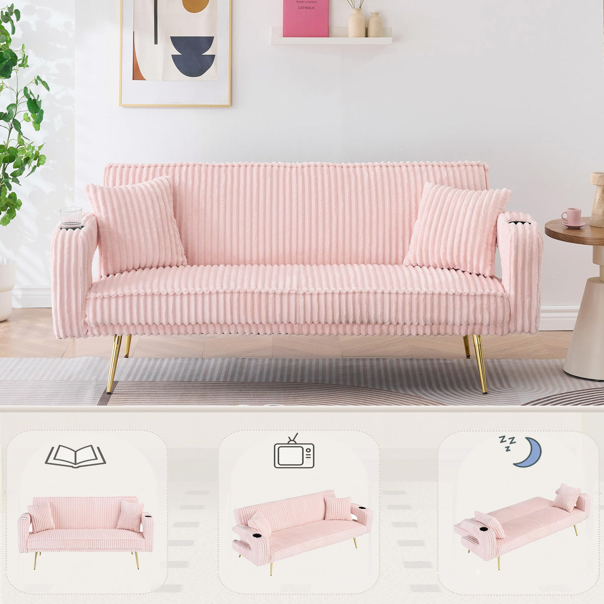 Pink Teddy Fabric Convertible Futon Sofa Bed D503563