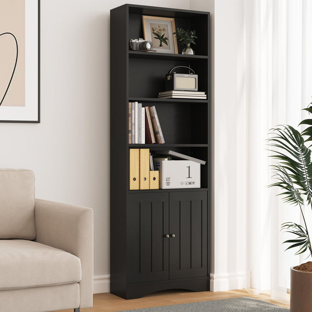 71''H 6-Shelf Black Bookcase with Doors X418917