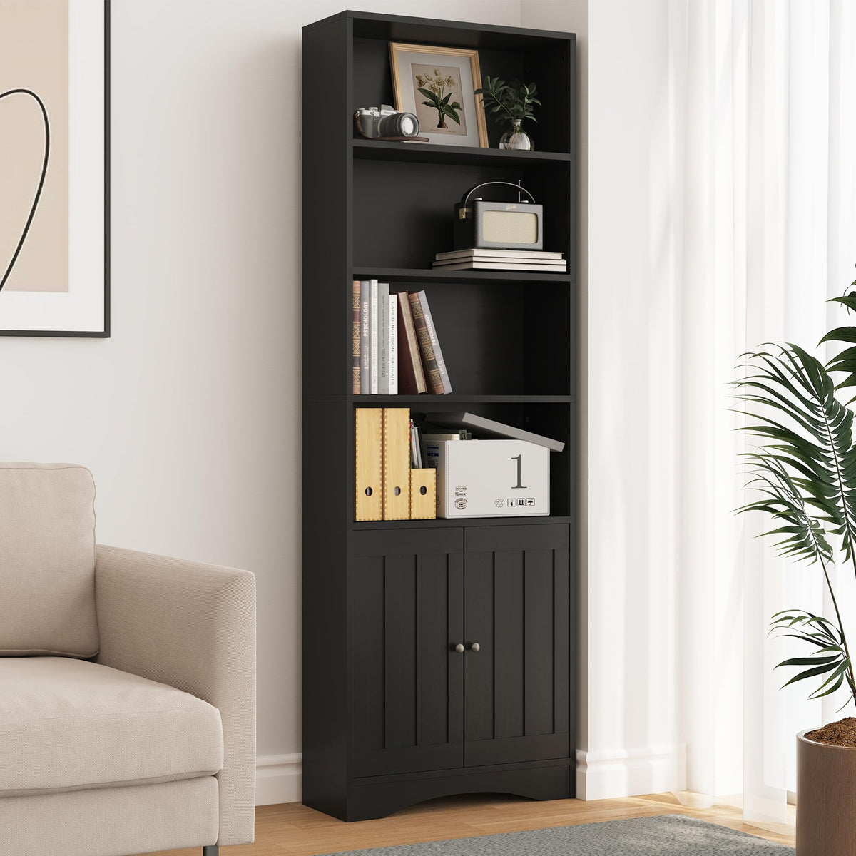 71''H 6-Shelf Black Bookcase with Doors X418917