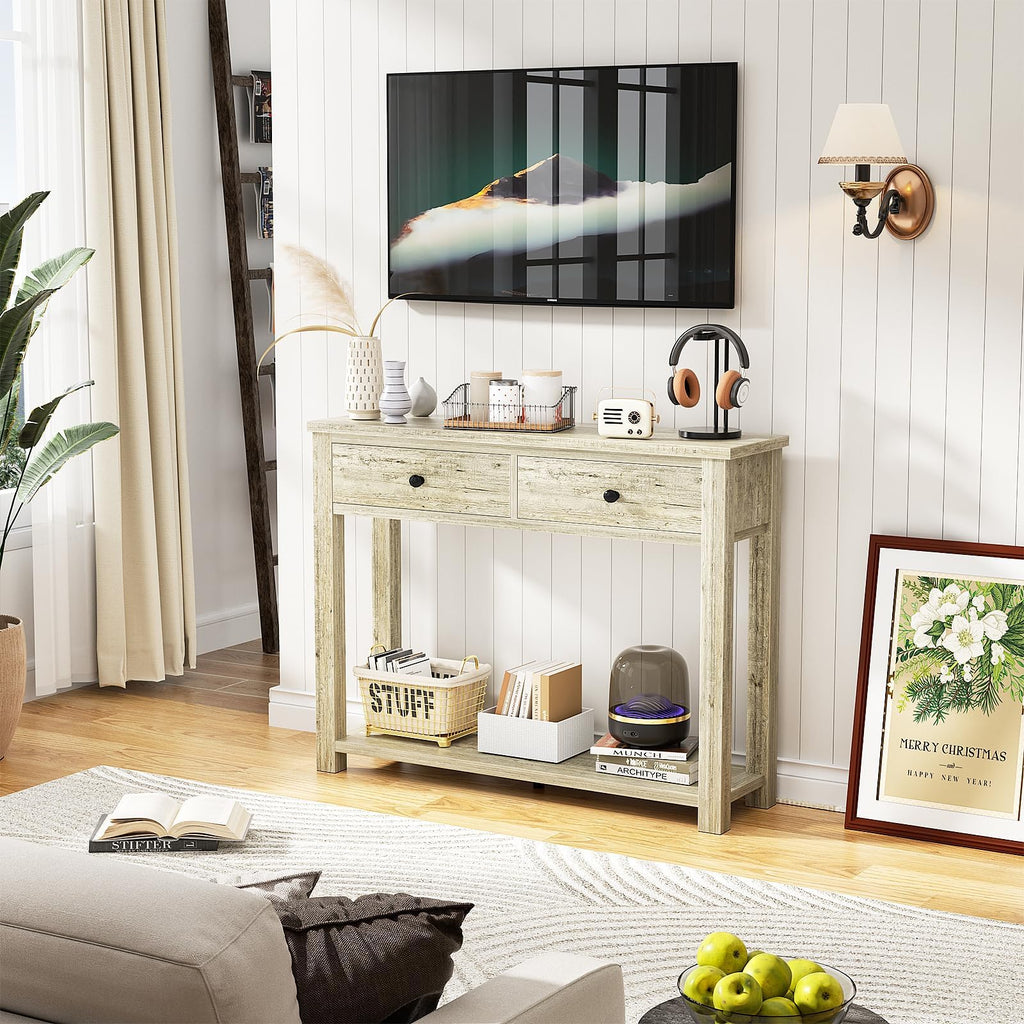 32 Inch Light Rustic Oak Console Table with 2 Drawers Q939