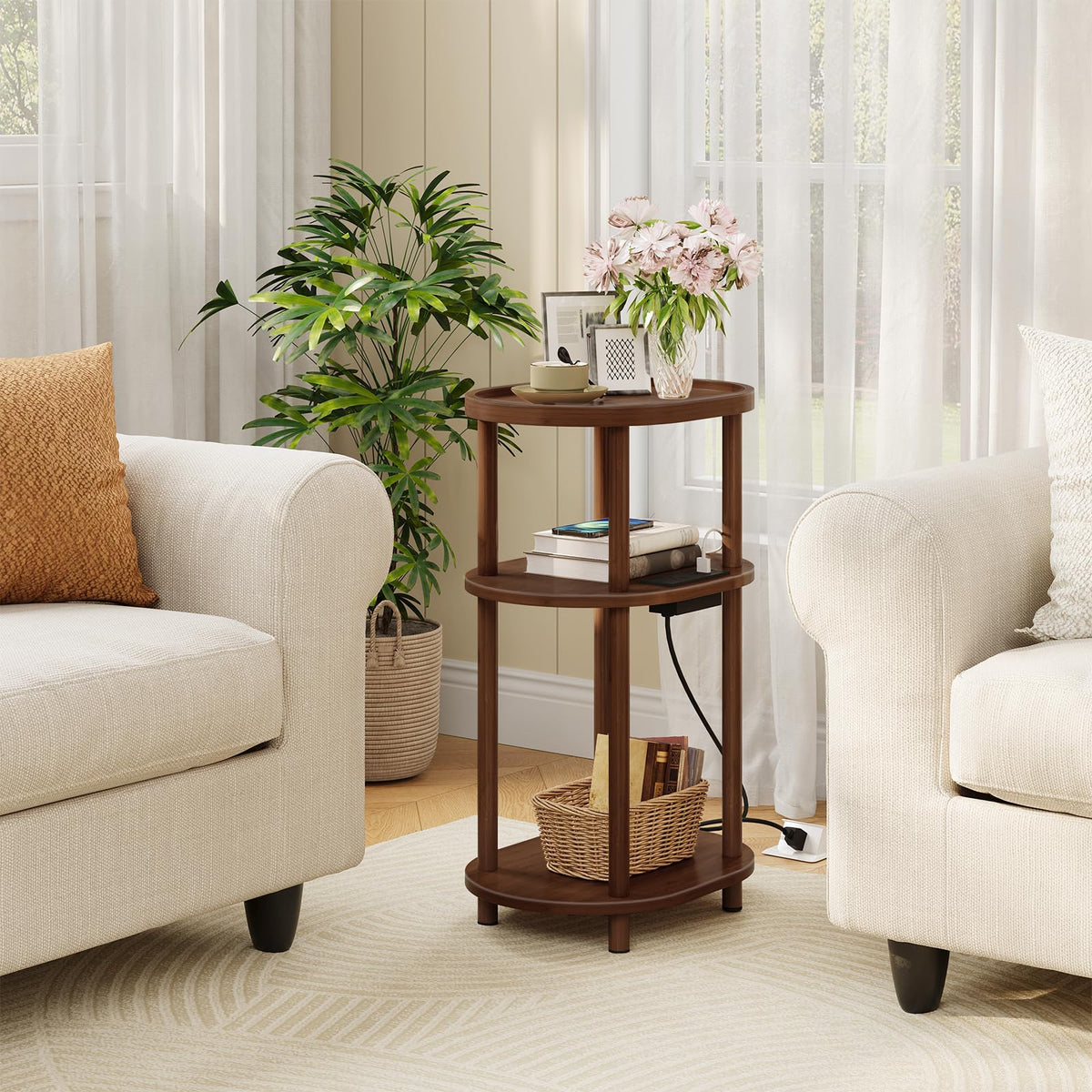 3-Tier Oval Bamboo Side Table with Charging Station L74039