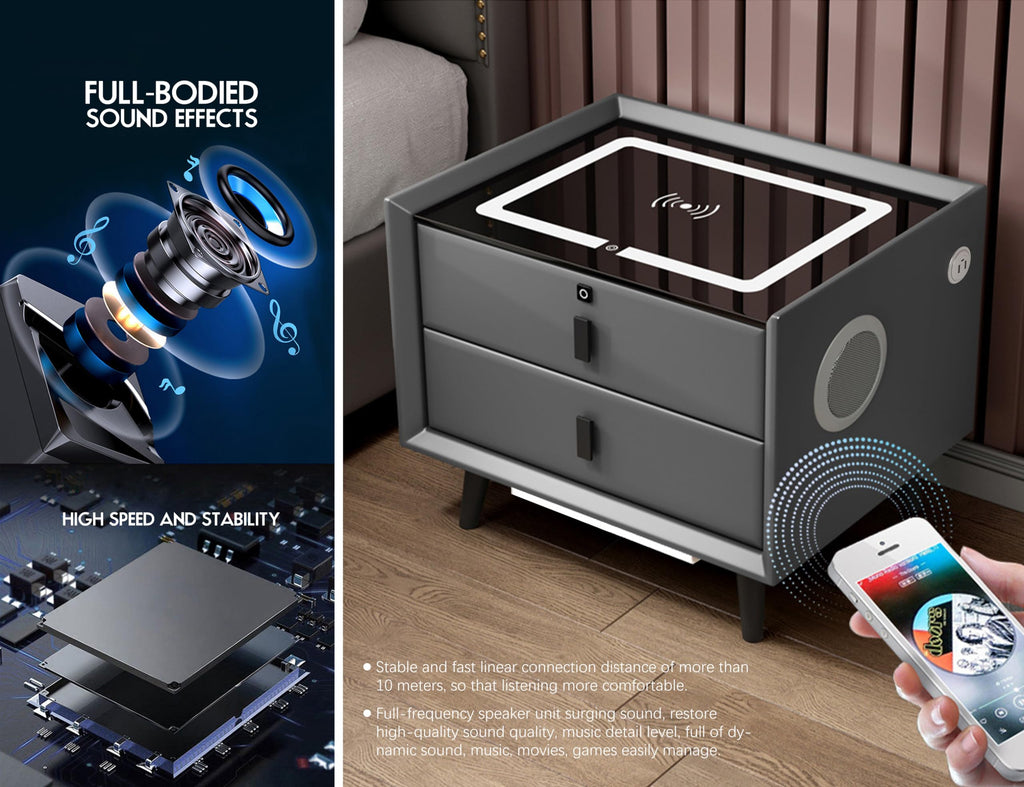 Grey Three Drawers Nightstand with Fingerprint Lock and Wireless Charging U35795