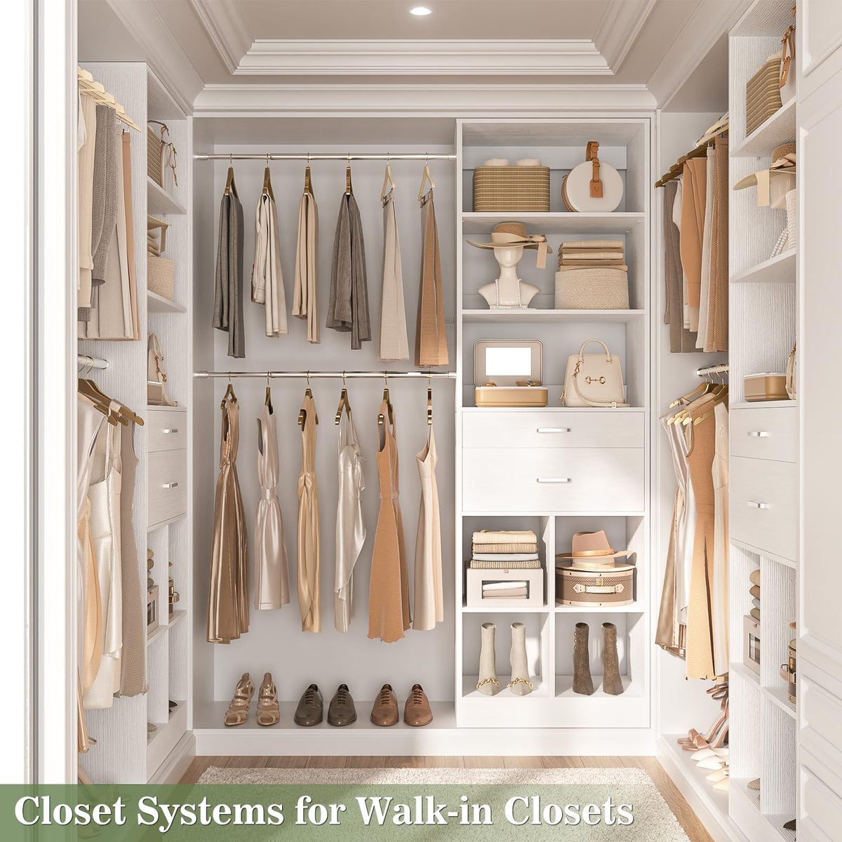 4-8 FT White Closet Organizer with 2 Drawers and 5 Hanging Rods C950486