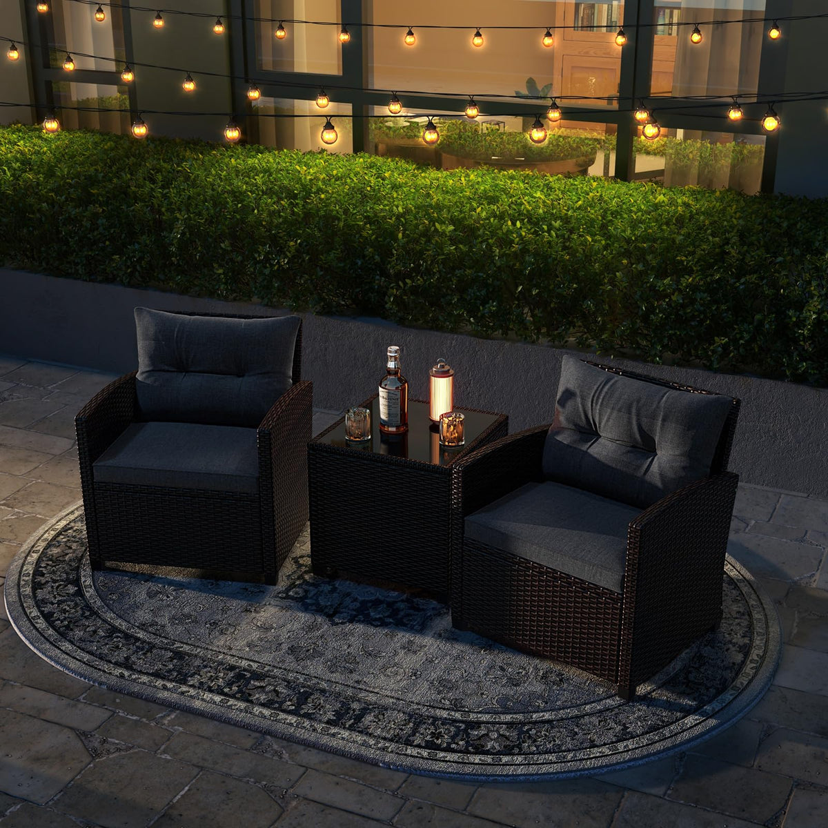 3 Pieces PE Rattan Wicker Outdoor Sofa Set with Cushion and Tempered Glass Tabletop U4938