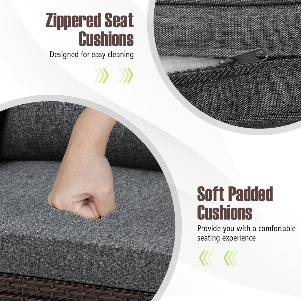 3 Pieces PE Rattan Wicker Outdoor Sofa Set with Cushion and Tempered Glass Tabletop U4938