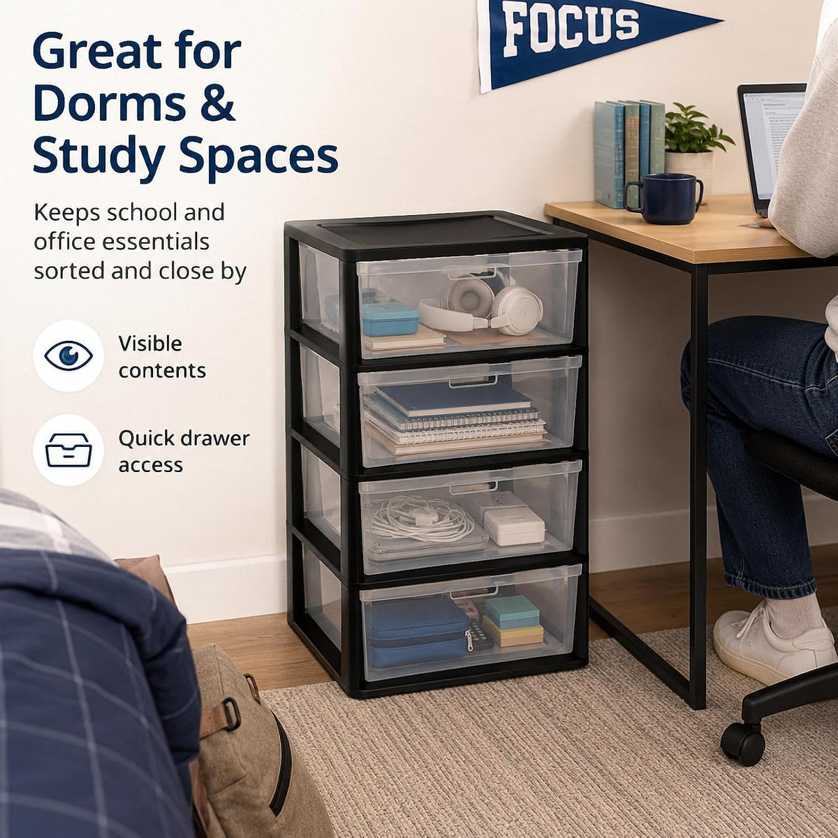 4 Drawer Black Plastic Storage Tower J50777