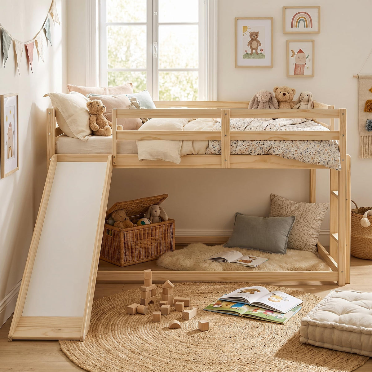 Twin Over Twin Solid Wood Bunk Bed with Slide and Ladder I79467