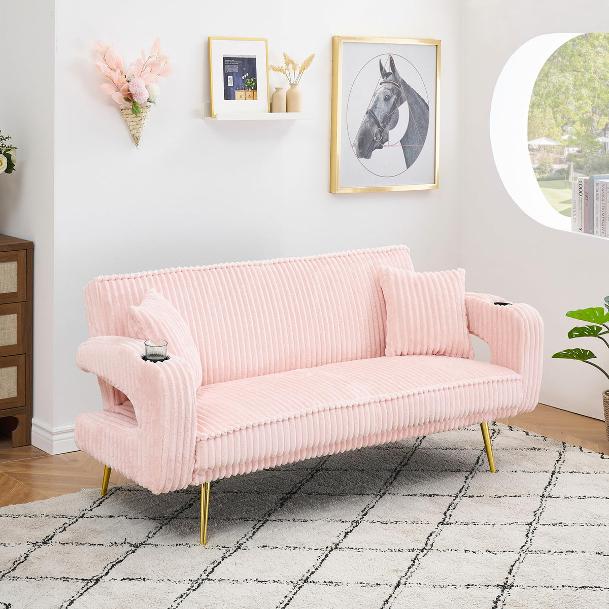 Pink Teddy Fabric Convertible Futon Sofa Bed D503563