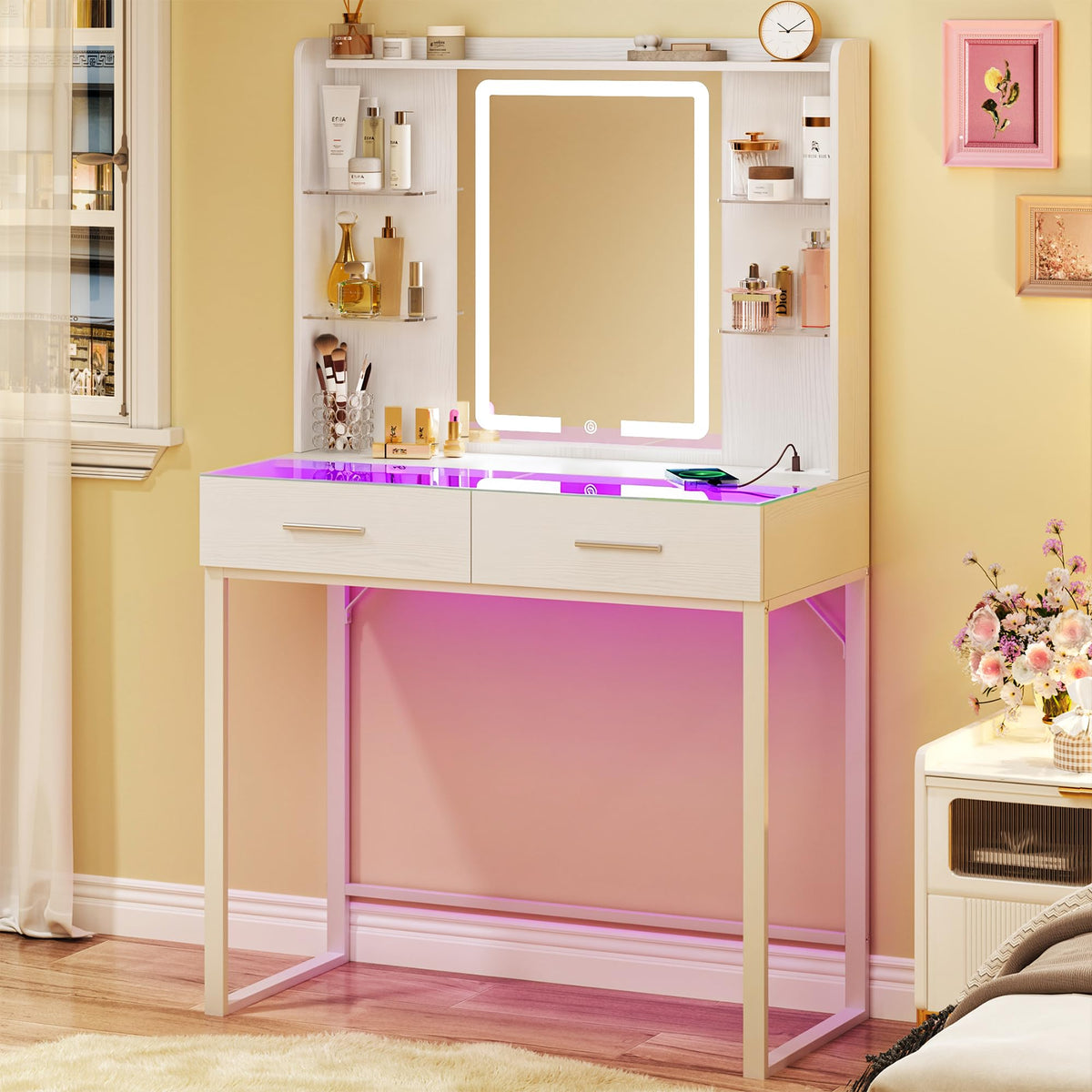 White Vanity Desk with Mirror and LED Lights S492919