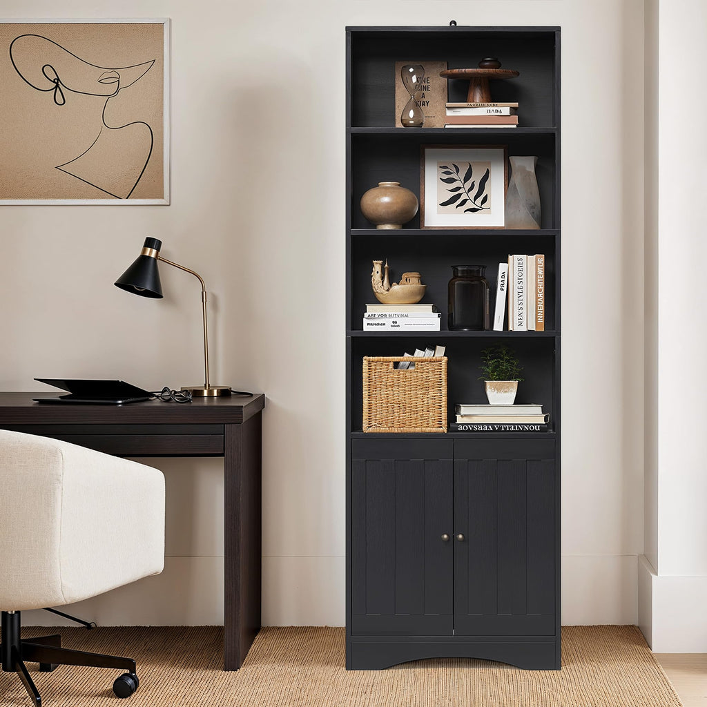 71''H 6-Shelf Black Bookcase with Doors X418917